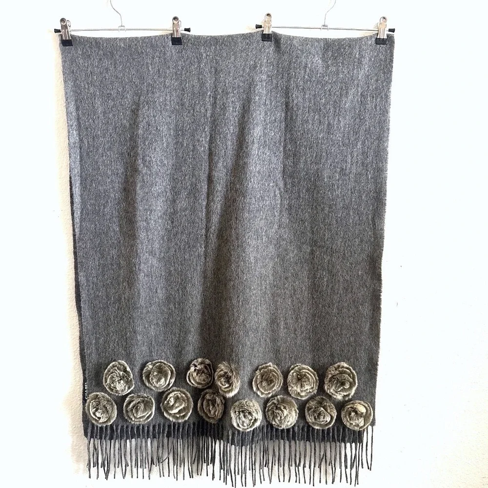 Chanel Scarf Gray Quiet Luxury Wool Floral Applique Fringe Old Money Mob Wife